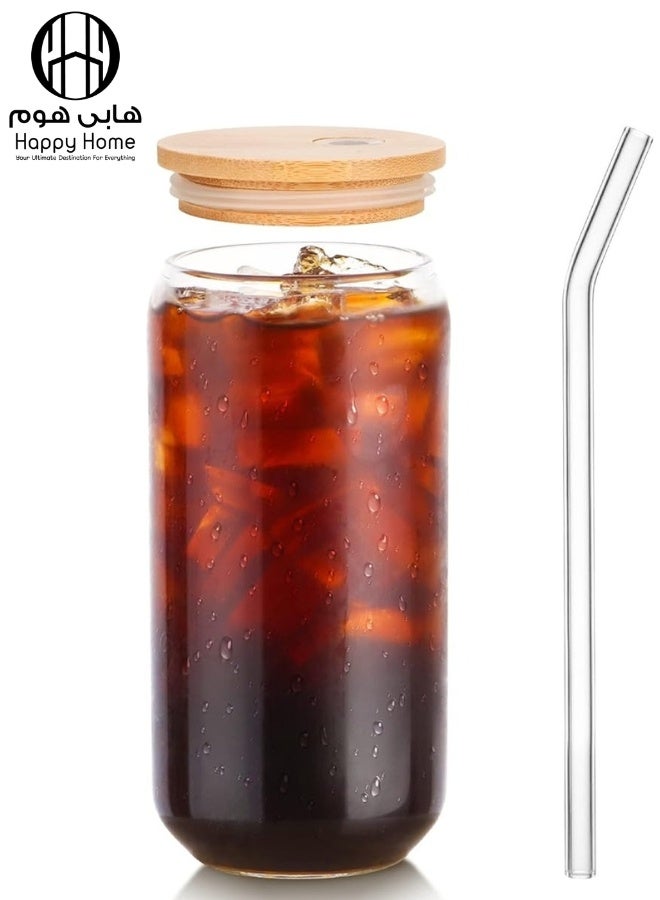 Happy Home Glass Cup with Lid and Straw 600ml  – Heat & Cold Resistant Borosilicate Glass, Leak-Proof Lid with Silicone Straw Cover, Transparent Elegant Tumbler for Smoothies, Coffee, Iced Drinks, Cocktails, Juice, Milk Tea, Home & Outdoor Use - Image 1